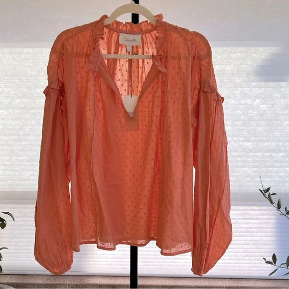Cleobella Phoenix Swiss Dot Ruffle Tie Neck Blouse Coral Large Cotton Boho NWT - Picture 1 of 7